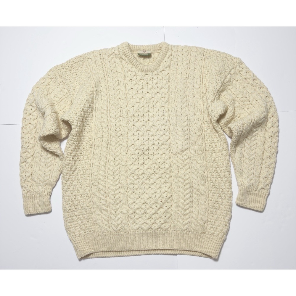 Carraig Donn Men's Chunky Knit Irish Wool Crewneck Sweater L Fisherman Ireland
